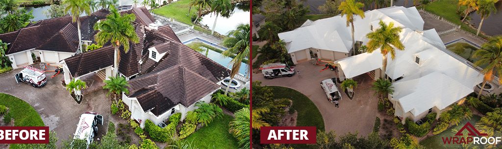 Property damaged by tropical storm is protected by the WrapRoof solution.